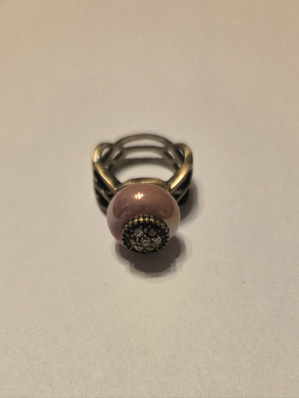 Pink Ceramic Bead Ring In Antiqued Gold Setting With Rhinestones Size 8